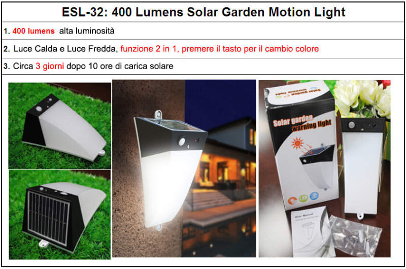 Faretto solare da esterno con sensore di movimento 400 lumen